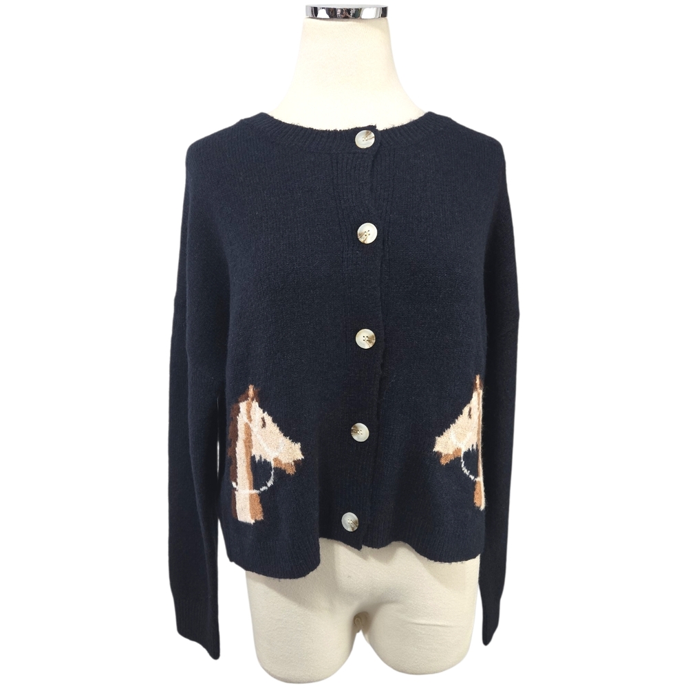 VIGOSS Horse Cardigan Sweater Women L Navy Blue Knit Button Up Cropped NWT - Picture 2 of 11